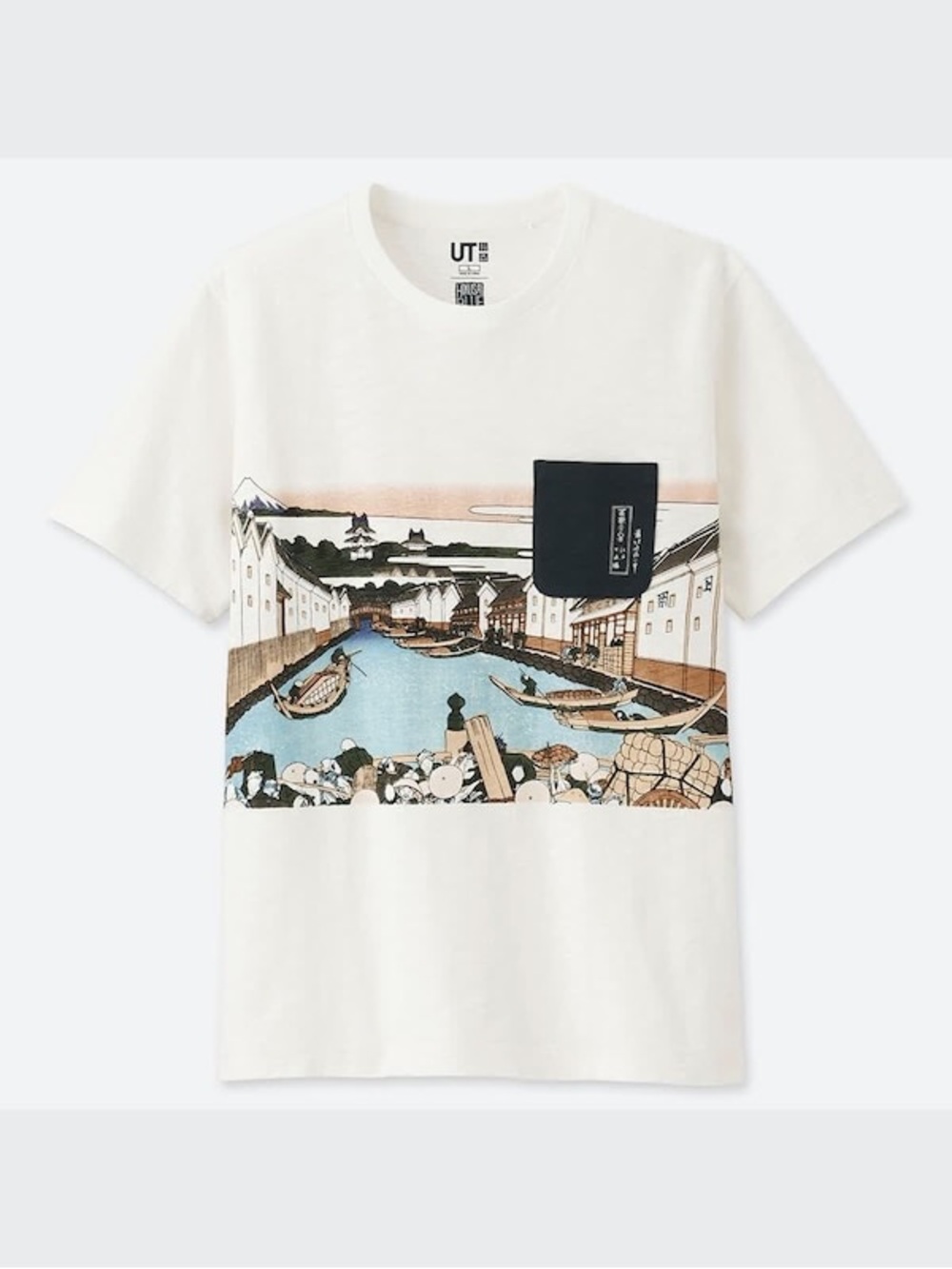 Uniqlo “Hokusai Blue” Graphic Crewneck T-Shirt White with Navy Pocket
